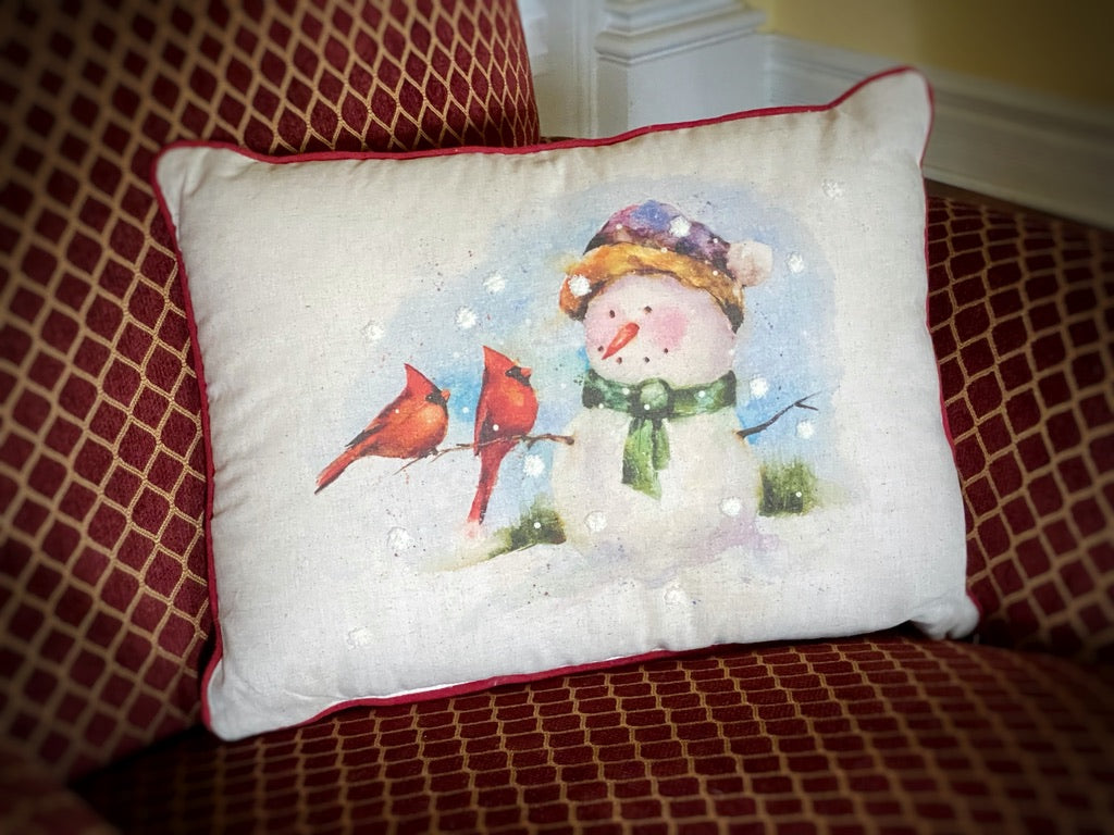 Snowman With Cardinals Christmas Pillow