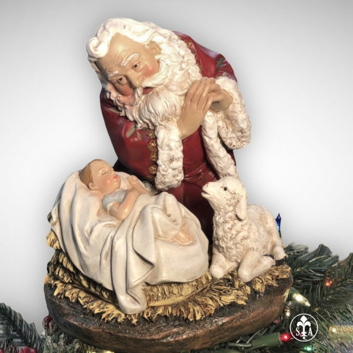 KNEELING 8" Santa with Sleeping Baby Jesus and Lamb Tree Topper - Summit Arbor