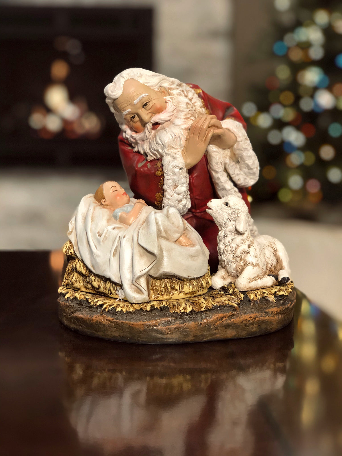 KNEELING 8" Santa with Sleeping Baby Jesus and Lamb Tree Topper - Summit Arbor